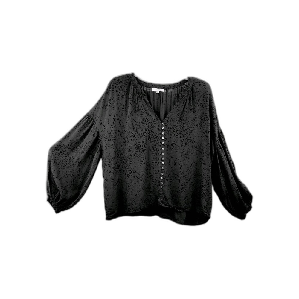 Z Supply Mazzy Stamped Blouse Sz XL Black Button Front Balloon Sleeve Whimsygoth